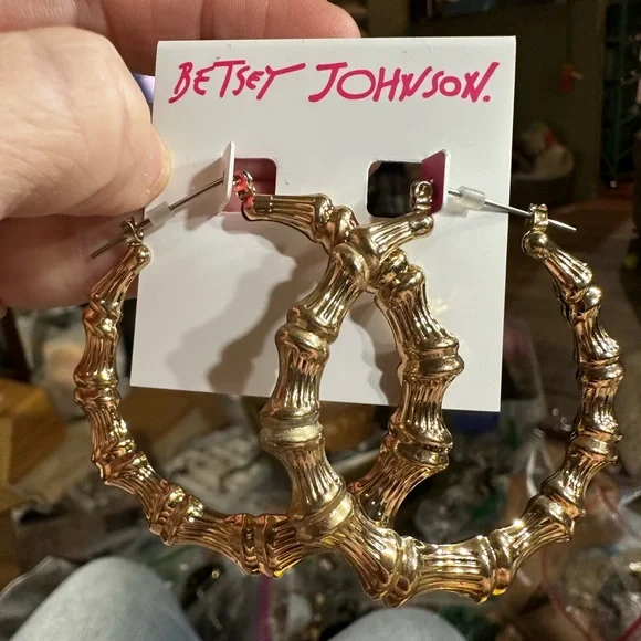 Betsey Johnson Bamboo-Style Gold Earrings - Picture 2 of 5